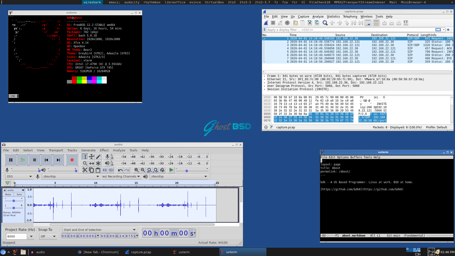 A highly staged screenshot showing dmenu and some applications. Everyone runs neofetch at all times, right?